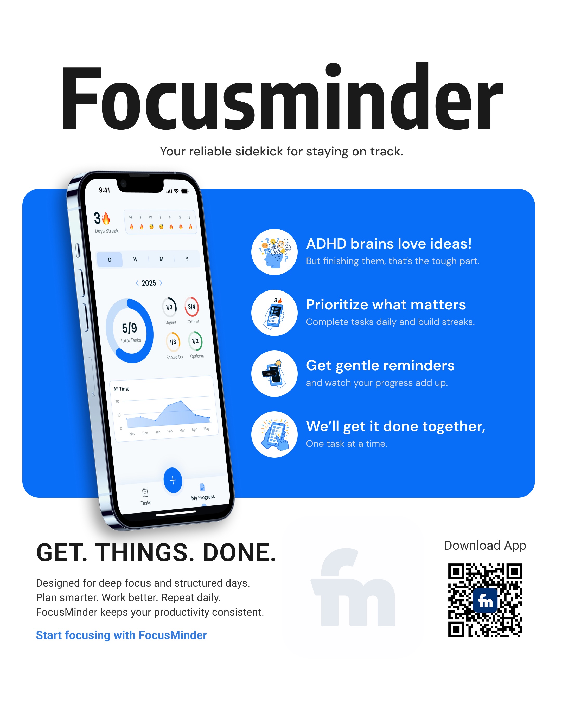 FocusMinder App Interface designed for ADHD and neurodiverse productivity